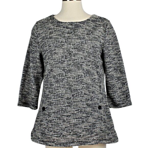 Carolyn Taylor Sweater Top Knit Pullover ¾ Sleeve Kangaroo Pocket Black/White L - Picture 1 of 9